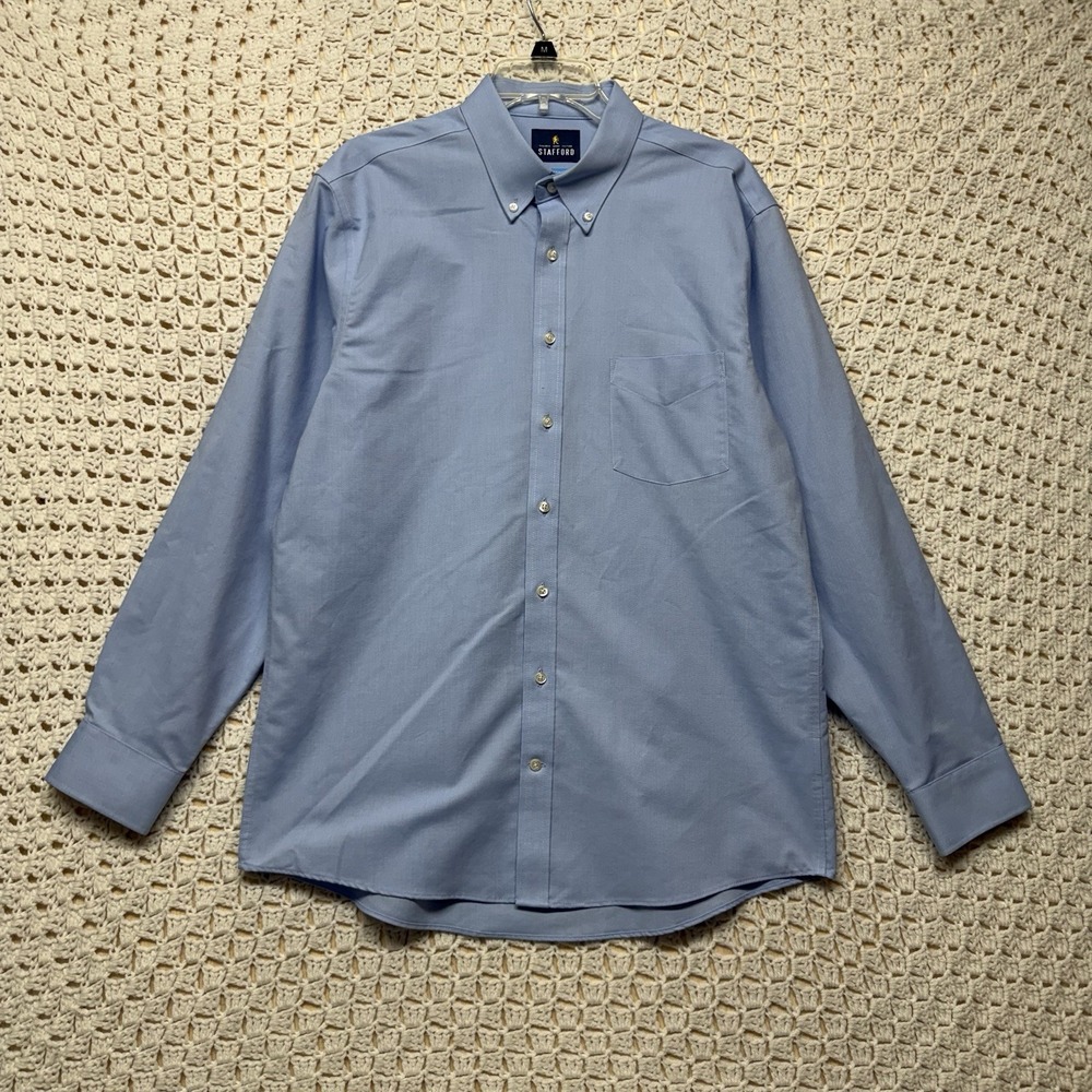 Stafford Coolmax Shirt Mens L 16-16.5 Regular Fit Blue Button Down Long Sleeve